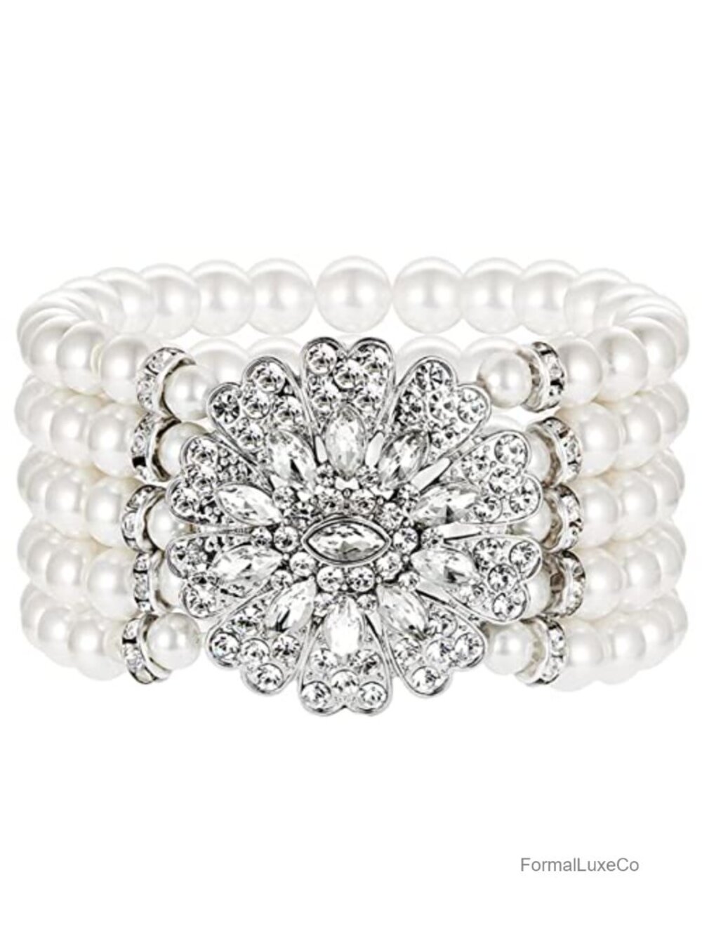 Faux Pearl Stretch Bracelet 5 Row Austrian Crystal 1920s Flapper Gatsby